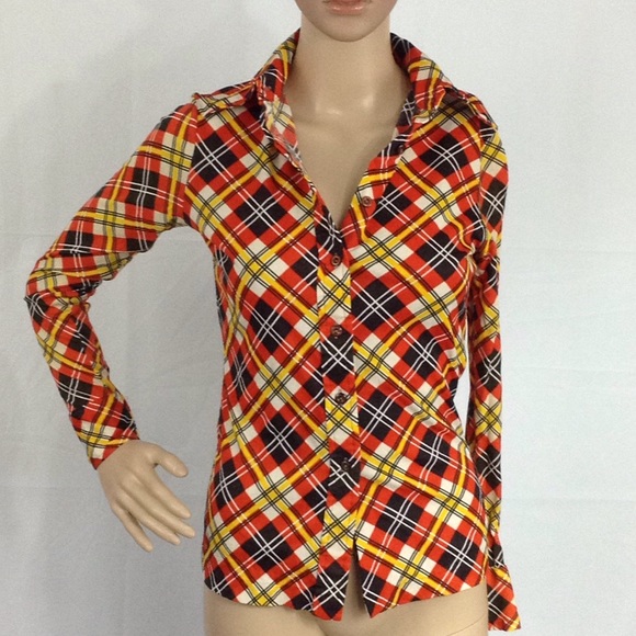 Vintage Tops - $FIRM 970 Orange brown Plaid Button Down Shirt M